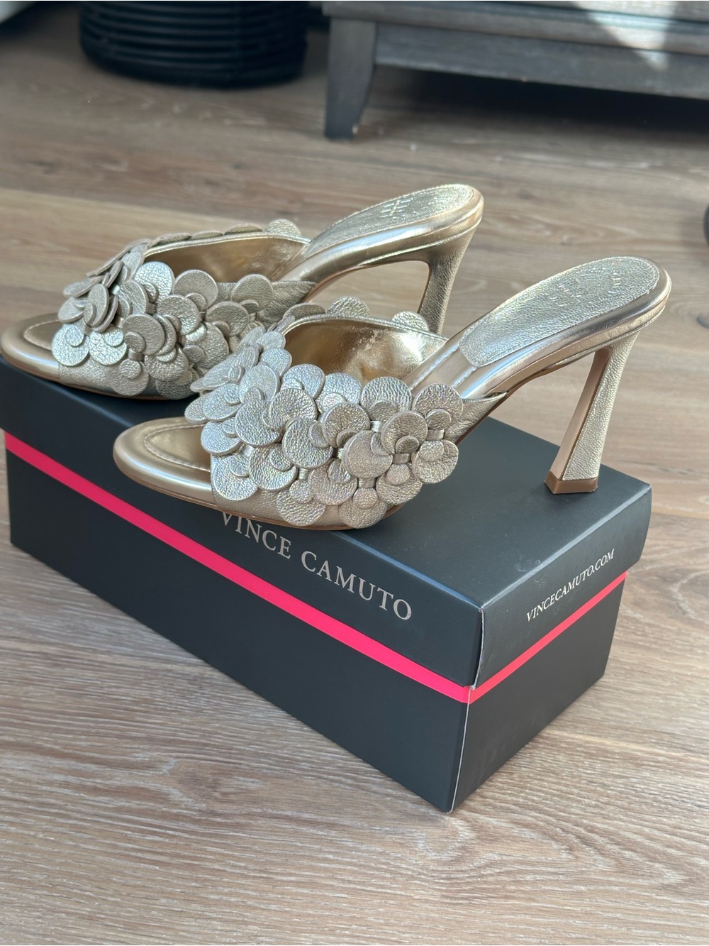 Vince Camuto Metallic Gold Floral Appliqué Leather Mules